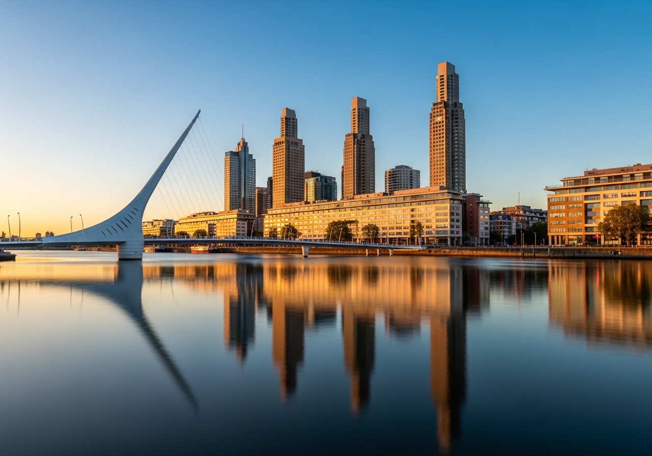 Buenos Aires skyline at golden hour from Puerto Madero